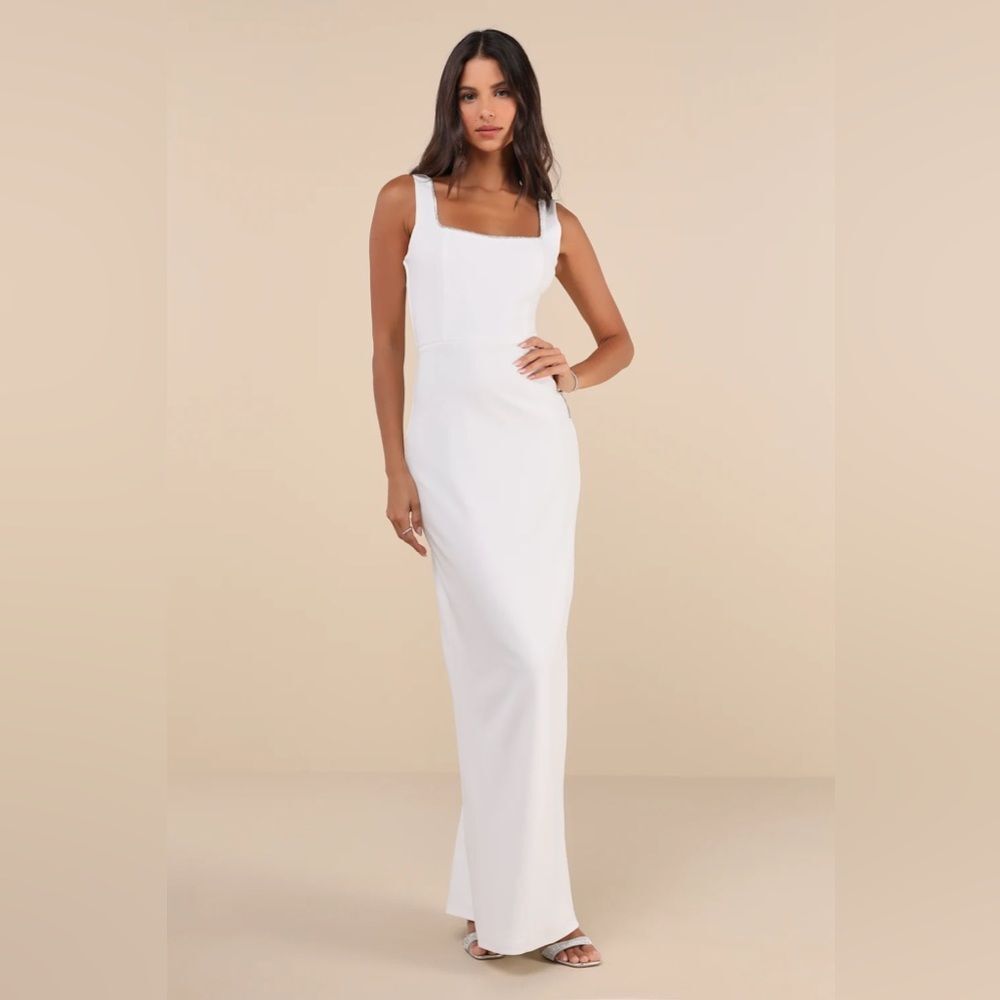 Lulus Timeless Poise White Rhinestone Square Neck Backless Maxi Dress